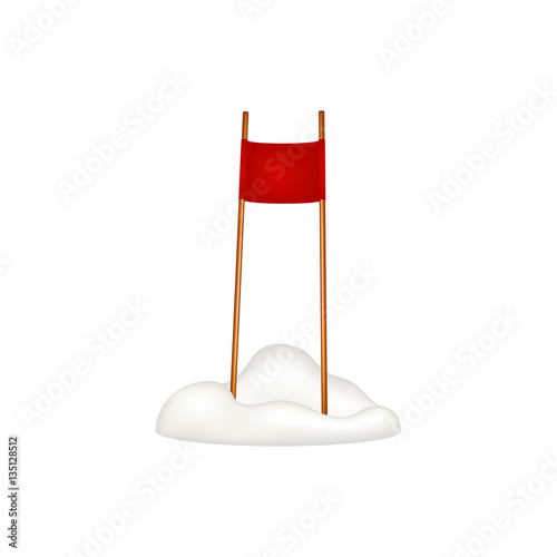 Ski slalom gate with red flag standing in snow 