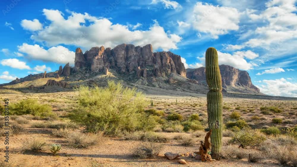 Dramatic time lapse of clouds passing over the Superstition Mountains in the Arizona desert..
