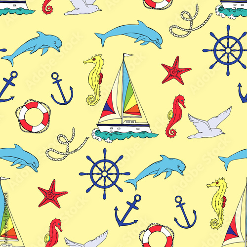 Nautical seamless pattern with ships