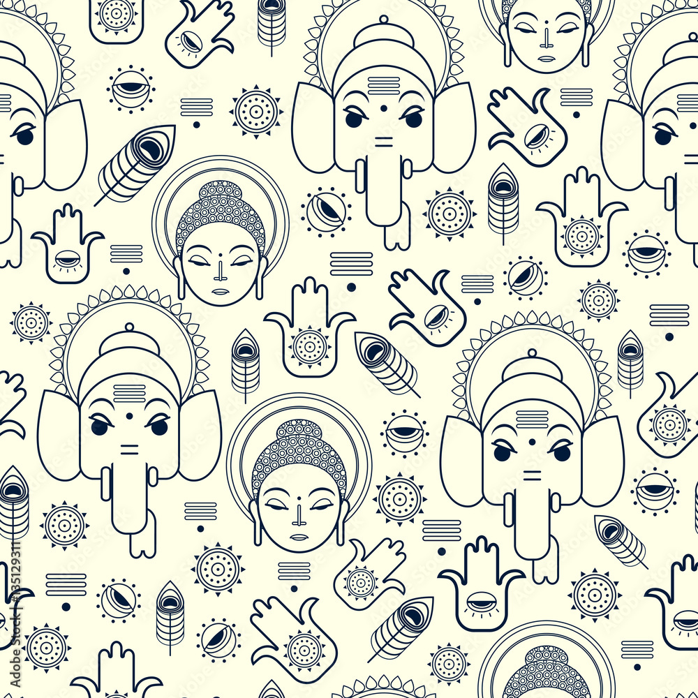 Indian Symbols Seamless Pattern. Background of India Travel Vector Icons. 