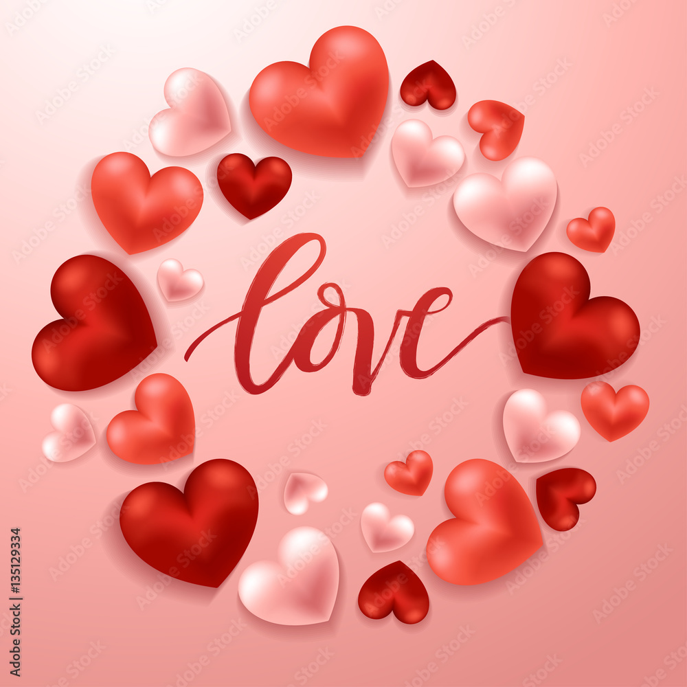 Happy Valentines Day Elements : Realistic Valentine Hearts on Background : Vector Illustration