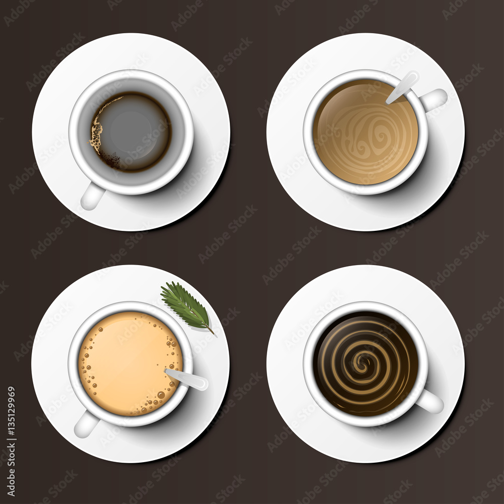 Coffee cups assortment top view collection vector illustration. - obrazy, fototapety, plakaty 