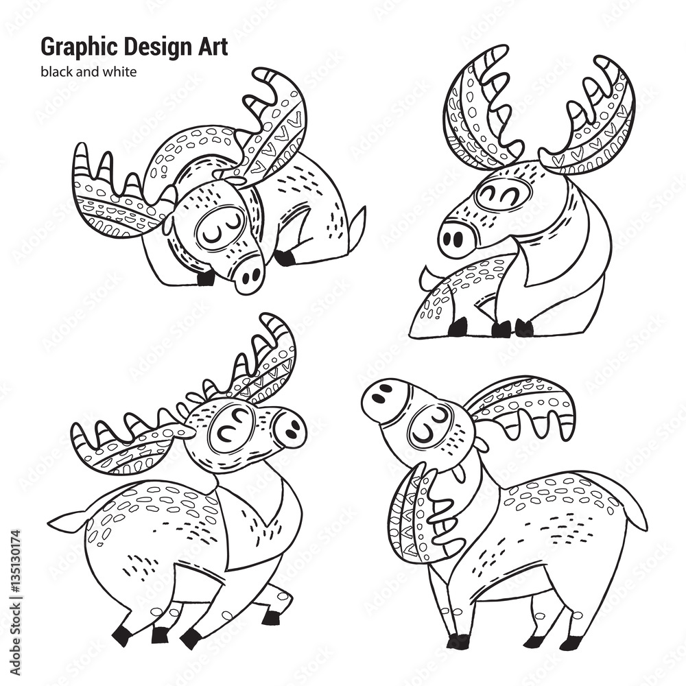Hand drawn moose collection in outline.