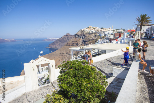 View from fira. / The square in front of the Orthodox church of Fira in Santorini with sea view. 13/08/2016