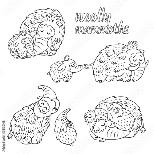Hand drawn wolly mammoth with baby collection in outline.