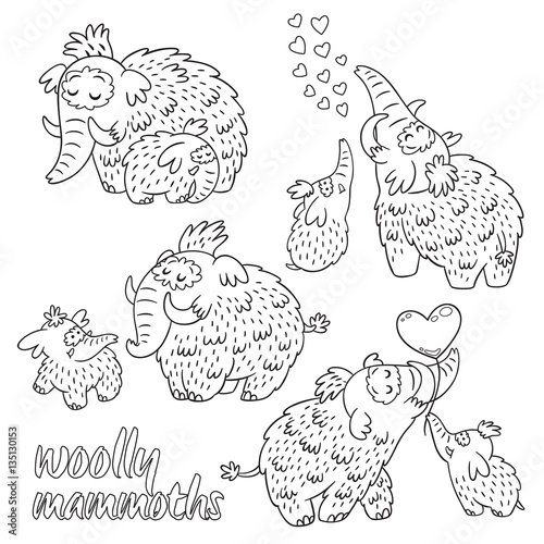 Hand drawn wolly mammoth with baby collection in outline.