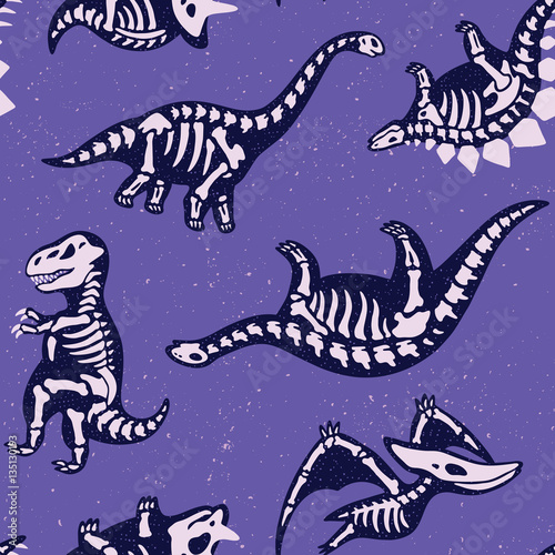 Fototapeta Naklejka Na Ścianę i Meble -  Adorable seamless pattern with funny dinosaur skeletons in cartoon style