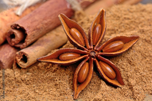 Cinnamon powder with anise star and cinnamon sticks
