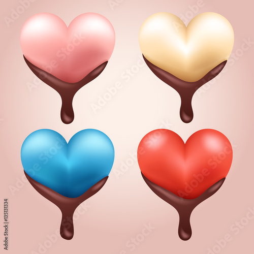 Happy Valentines Day Elements : Realistic Valentine Hearts With Melting Chocolate : Vector Illustration