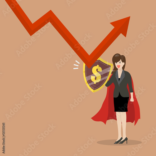 Business woman with shield protecting from graph down