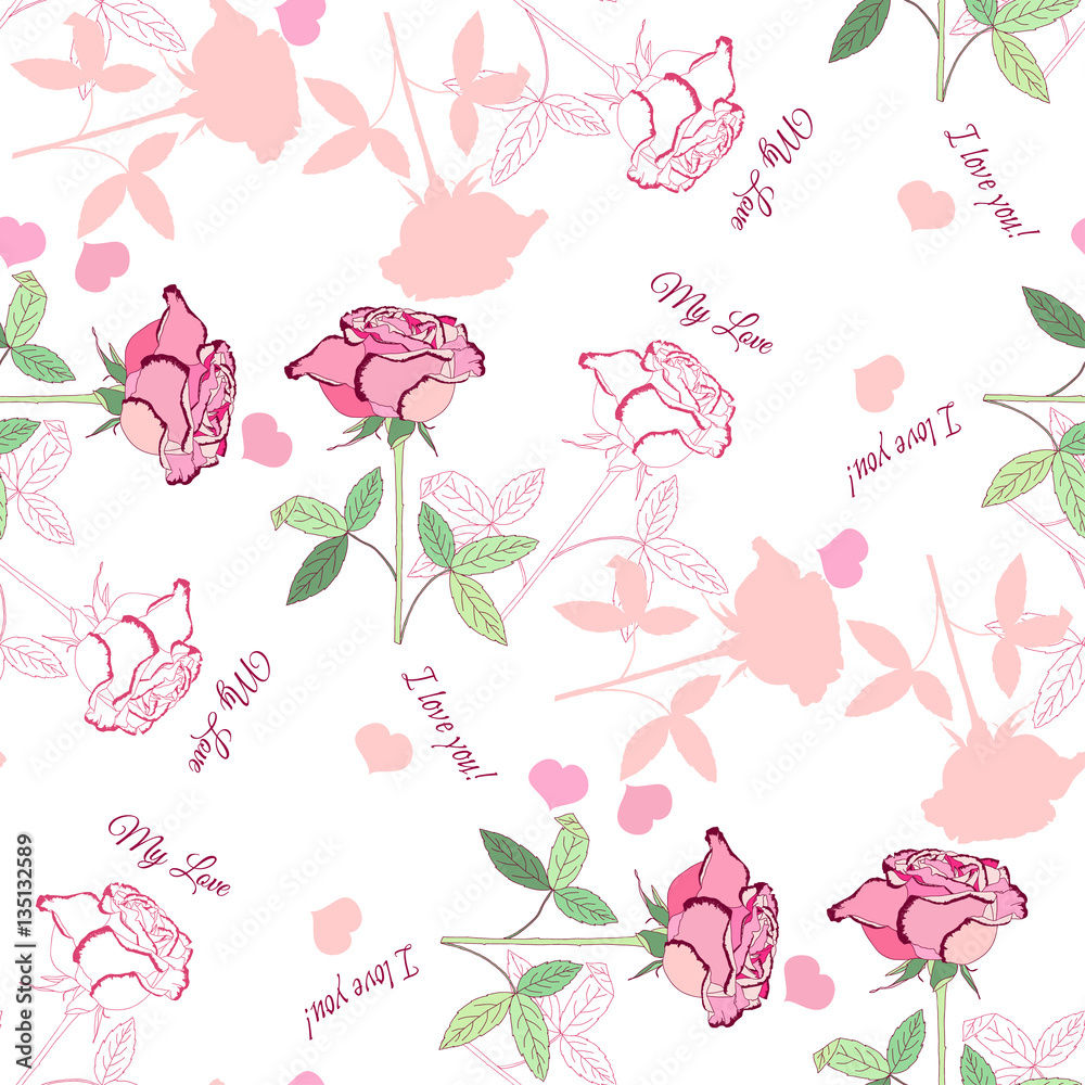 Valentines Day Seamless Pattern with Flowers