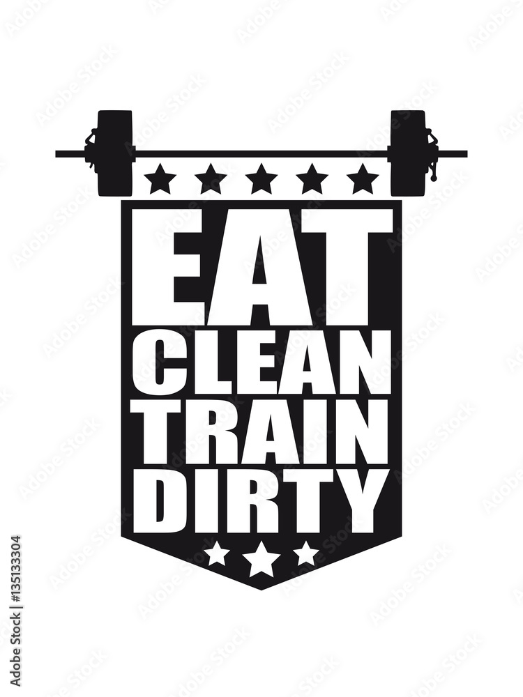 Text coat of arms muscles strong weight lifting dumbbell weights exercise design clean train dirty logo Text coat of arms muscles strong weight lifting dumbbell weights exercise design clean train dirty logo