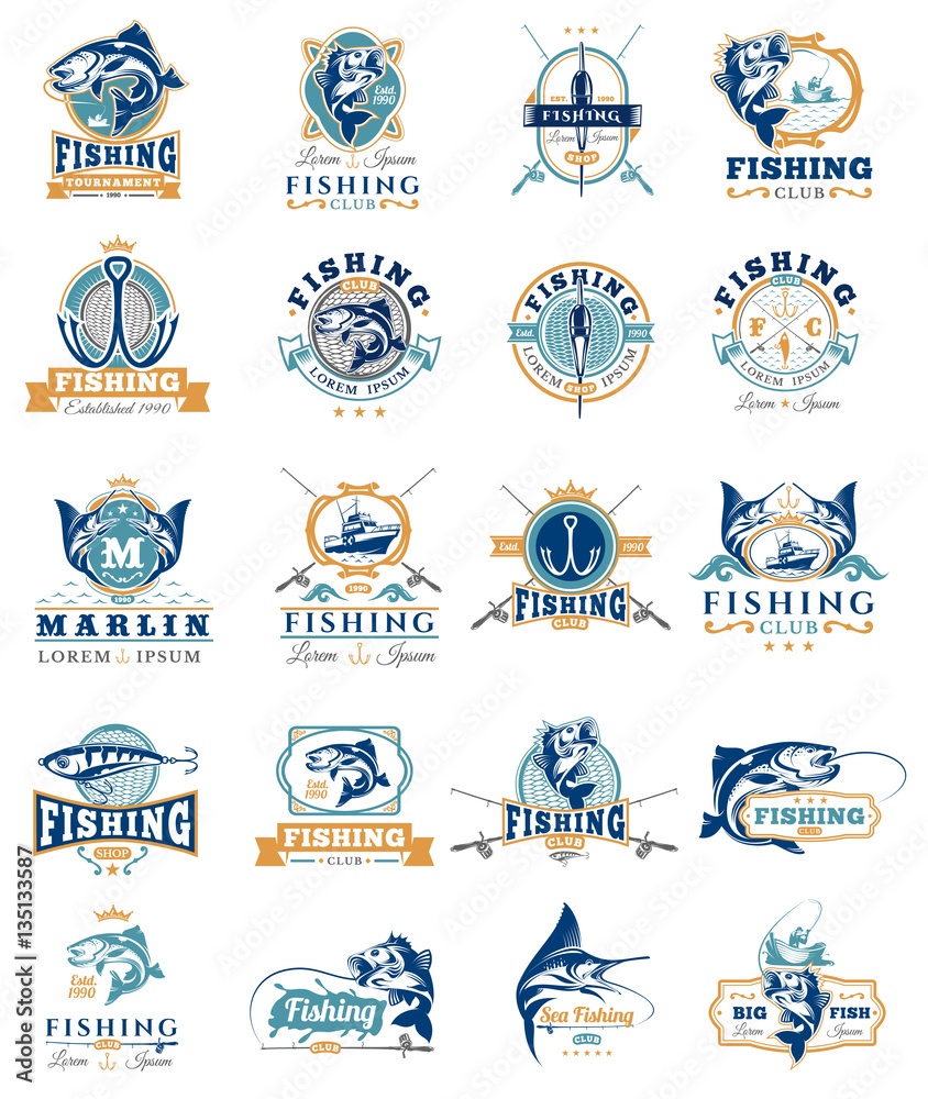 Φωτογραφία Set of vector badges, stickers on catching fish.
