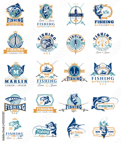 Set of vector badges, stickers on catching fish.