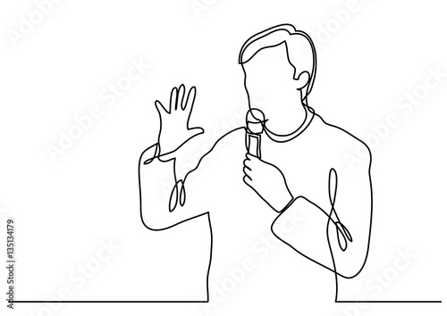 continuous line drawing of presenter speaking with microphone