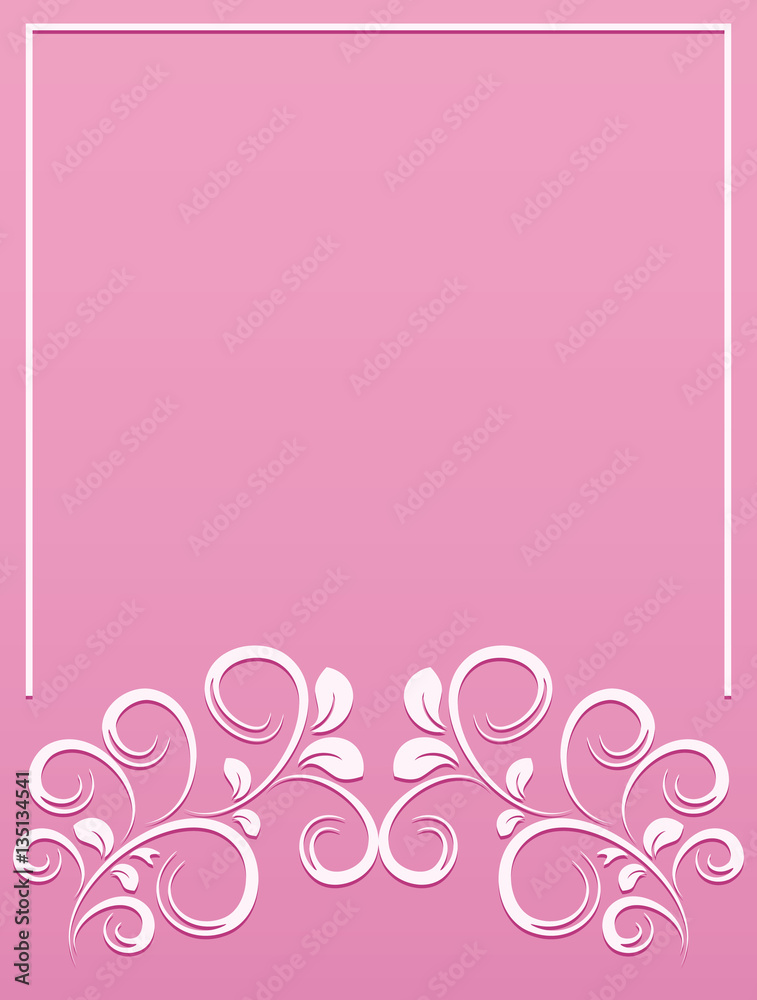 Elegant card with floral crown for wedding presentation and invitation on pink
