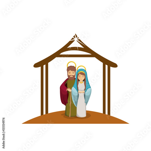 colorful image with virgin mary and saint joseph embraced under manger vector illustration