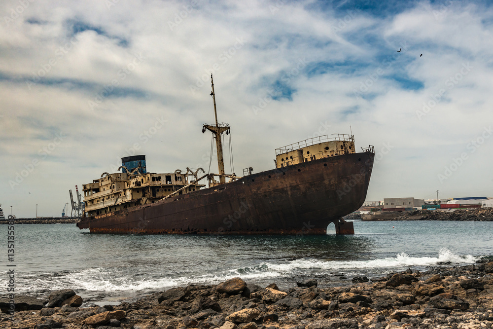 Rusty Spanish ship in the waters near Lanzarote