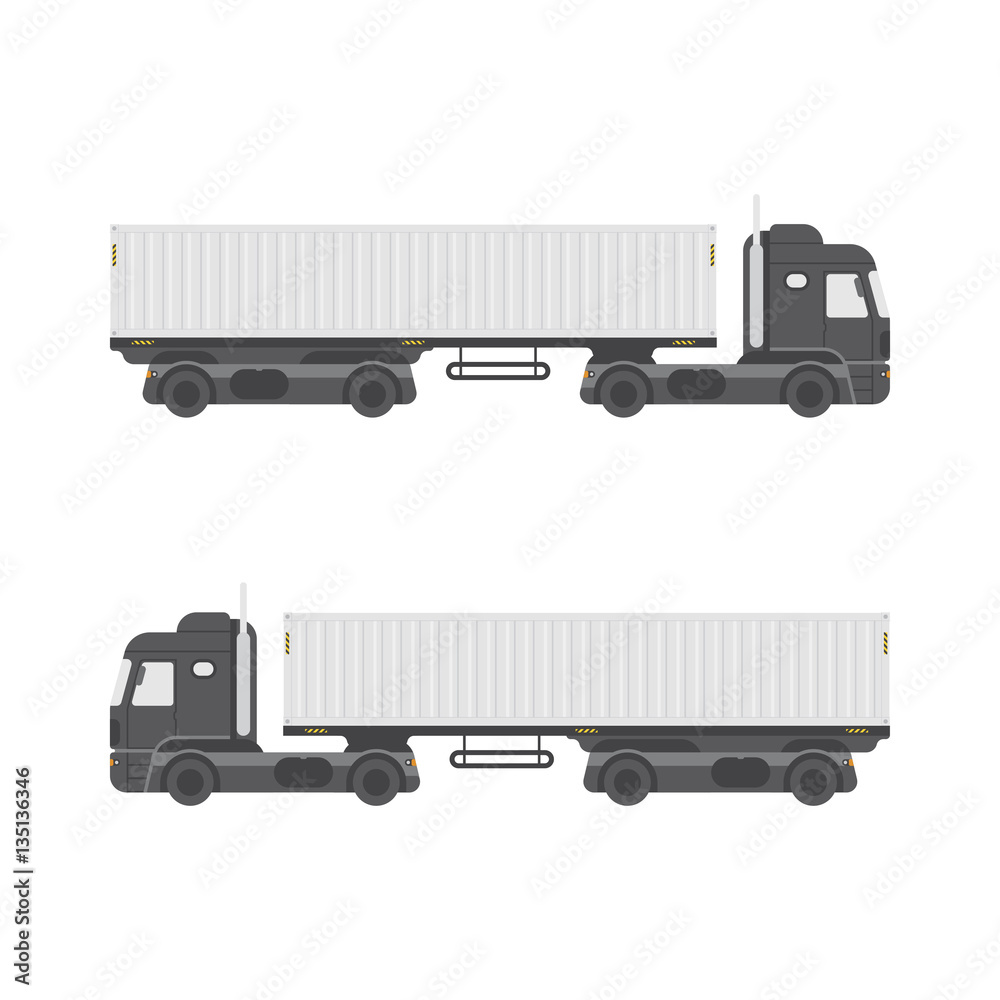 Truck trailer with container side view. Isolated on white background. Freight transportation vector illustration. Truck trailer with container side view. Isolated on white background. Freight transportation vector illustration.