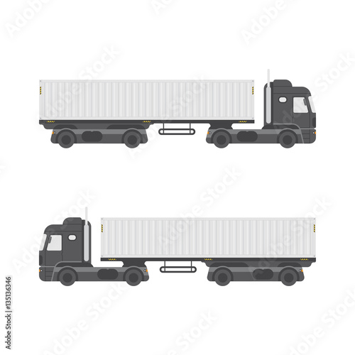 Truck trailer with container side view. Isolated on white background. Freight transportation vector illustration.