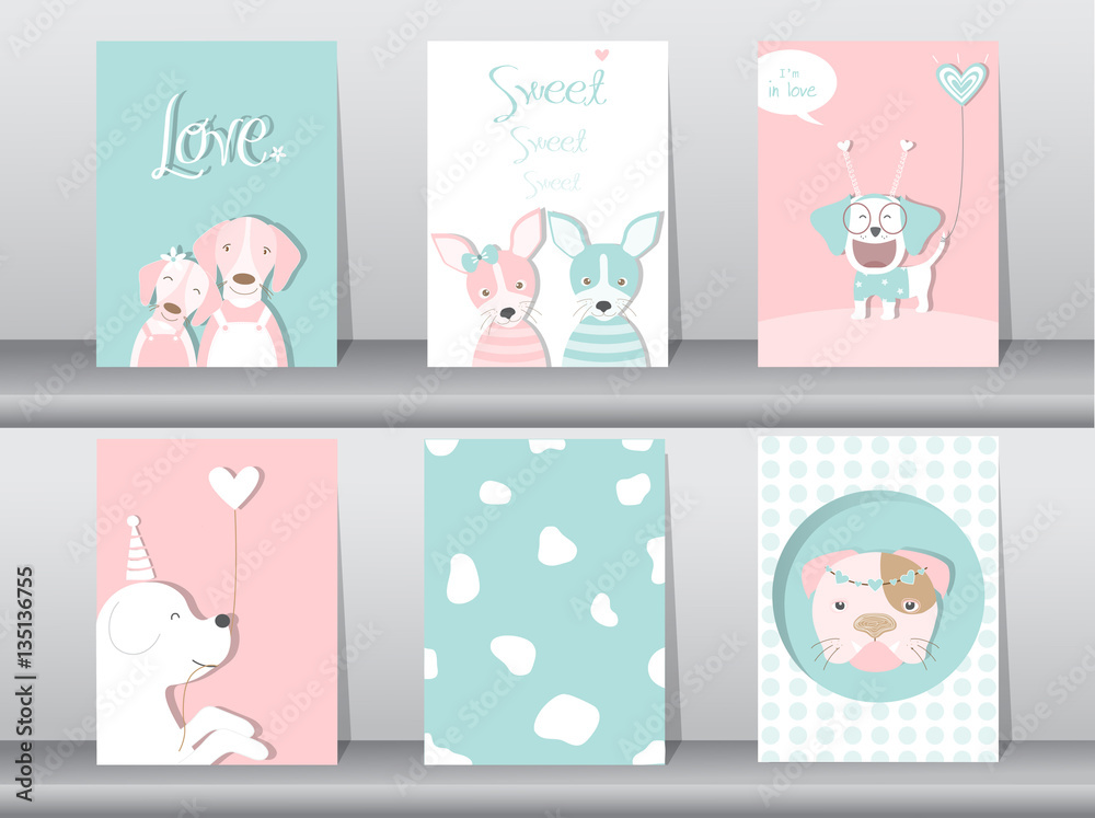Set of cute animals poster,Design for valentine's day ,template,cards,dogs,Vector illustrations Set of cute animals poster,Design for valentine's day ,template,cards,dogs,Vector illustrations