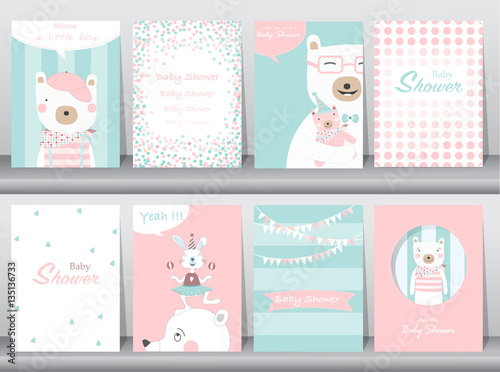 Set of baby shower invitation cards,birthday,poster,template,greeting cards,animals,cute,bears,Vector illustrations