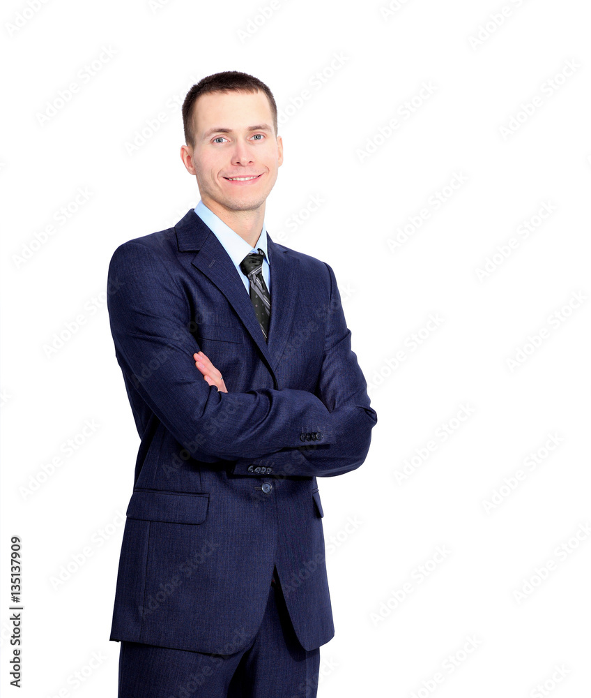 young business man standing with his hands crossed on white background young business man standing with his hands crossed on white background