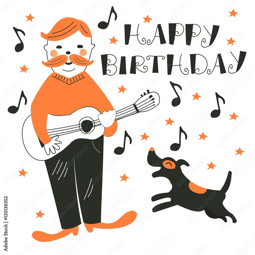Cute vector card. Cartoon characters - the musician and the dog. Greeting  card 