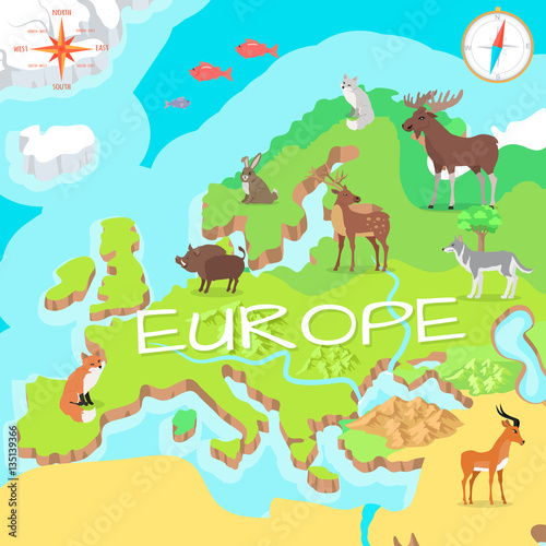 Europe Isometric Map with Flora and Fauna. Vector