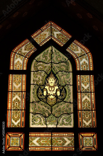 Stained glass window of angel  Wat Benjamobopith  Bangkok Thailand