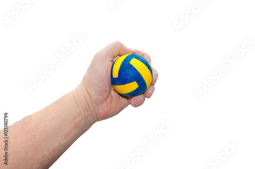 The hand with the ball. Isolated on white..