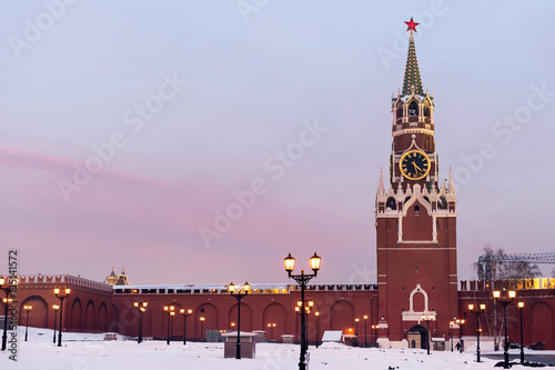 Iconic view of Spasskaya tower and Kremlin walls at sunset, Moscow