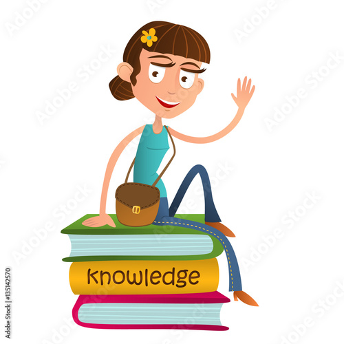 Cute girl teenager sitting on a pile of books and waving. flat style vector illustration isolated on white background. Smart kid.