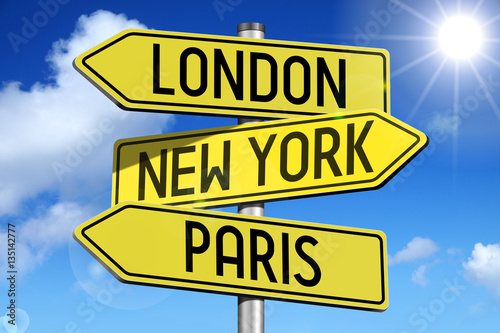 Canvas Print London, New York, Paris - signpost with yellow arrows.