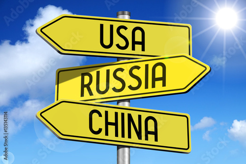 Usa, Russia, China - signpost with yellow arrows.