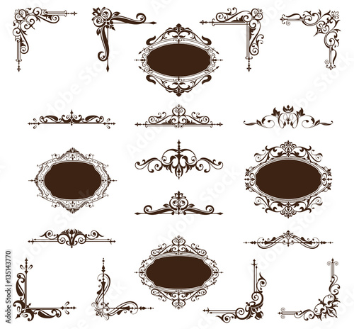 Art deco design elements of vintage ornaments and borders corners of the frame
Isolated art nouveau flourishes on a white background