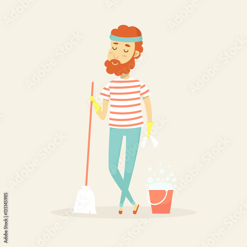 Vector bearded man with cleaning tools
