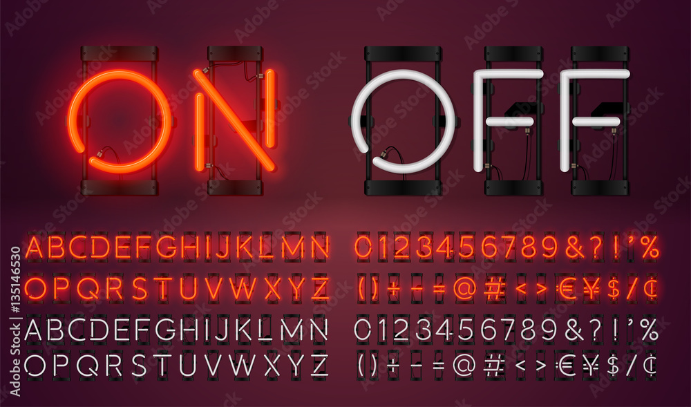 Big neon set glowing alphabet, vector Font. Glowing text effect. On and Off lamp. Neon Numbers and punctuation marks. isolated on red background. - obrazy, fototapety, plakaty 