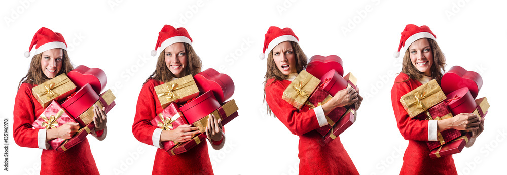 Santa girl with giftboxes on white