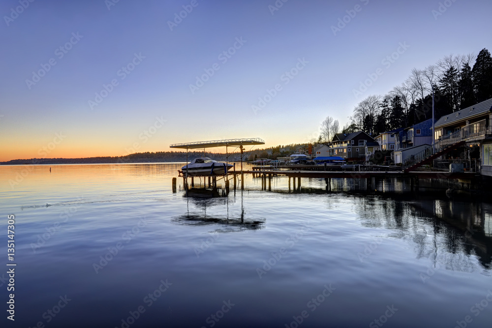 Amazing sunset view of lake Washington with private docks