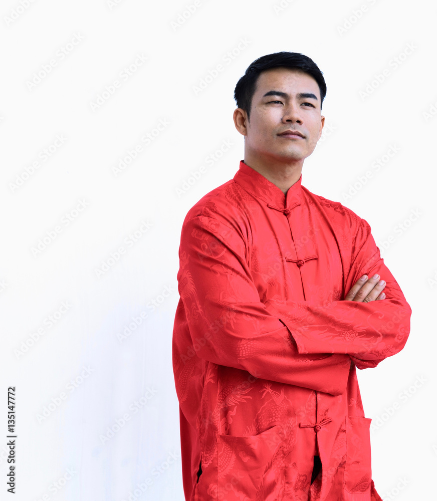 Portrait of handsome man in chinese red shirt was thinking Portrait of handsome man in chinese red shirt was thinking