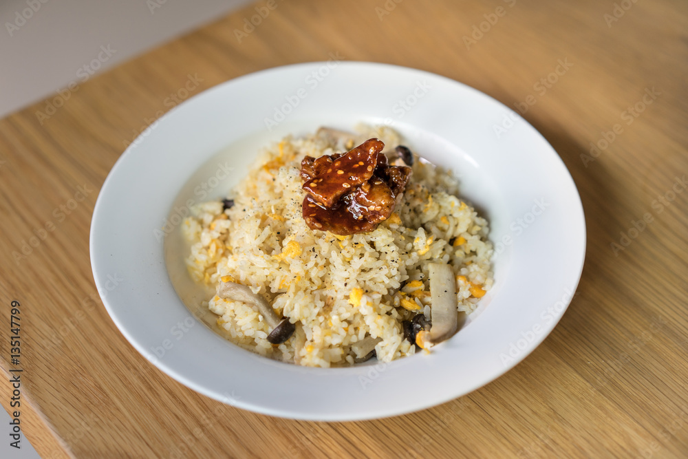 fried rice with mushrooms and egg and pork bulgogi