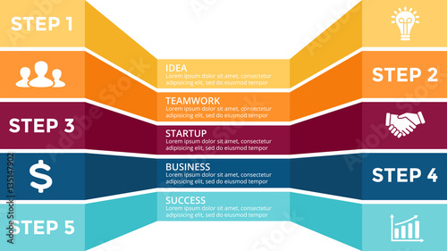 Vector 3d perspective infographic, diagram chart, graph presentation template. Business concept with 5 options, parts, steps, processes. Wall at white background.