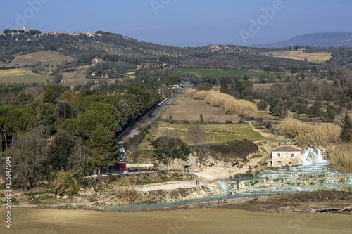 Beautiful panoramic view of the thermal baths of Saturnia and the surrounding countryside, Grosseto, Tuscany, Italy photo