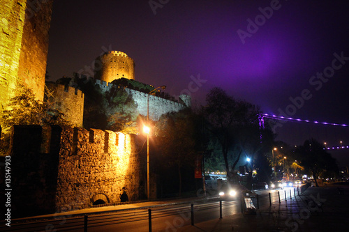 Rumelihisari (Rumelian Castle) by night, Istanbul, Turkey photo