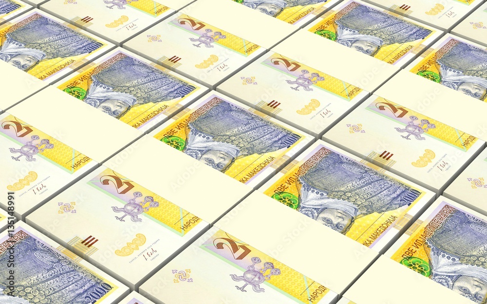 Macedonian denar bills stacks background. 3D illustration. Macedonian denar bills stacks background. 3D illustration.