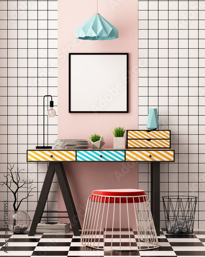 Mock up poster in the interior of the workplace. Memphis Style. 3d illustration 3d render.