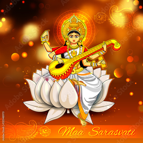 Goddess of Wisdom Saraswati for Vasant Panchami India festival background © vectomart