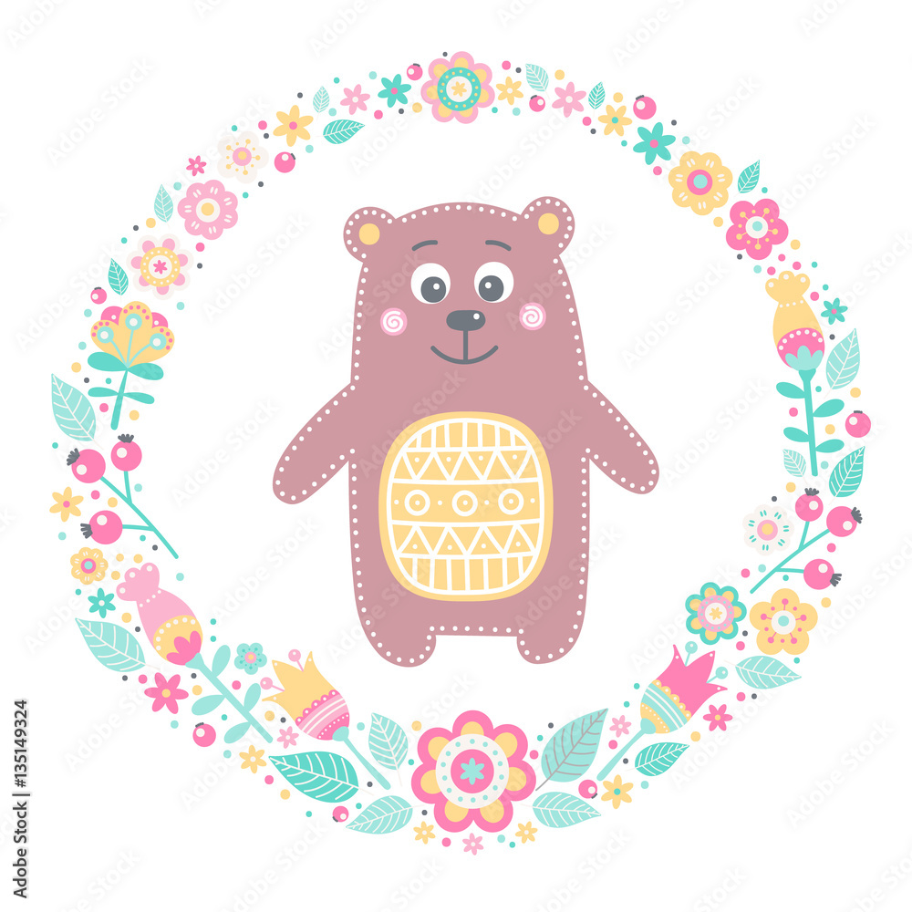 Obraz premium Cute bear. Vector card with hand drawn bear and floral wreath. Pastel colors - yellow, pink, white, green, brown. Illustration in flat style. Isolated. On white background.