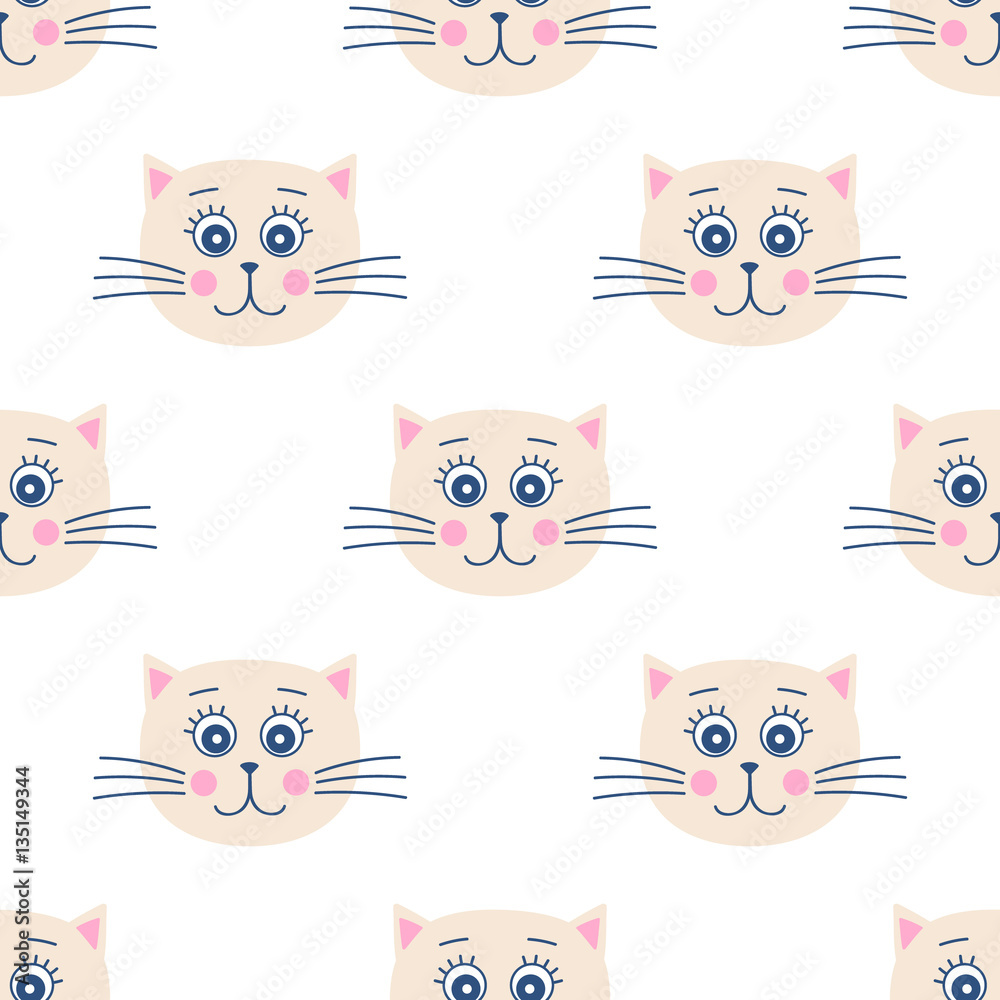 Cats face. Vector seamless pattern with smiling kitten heads. On white background. Childish design.